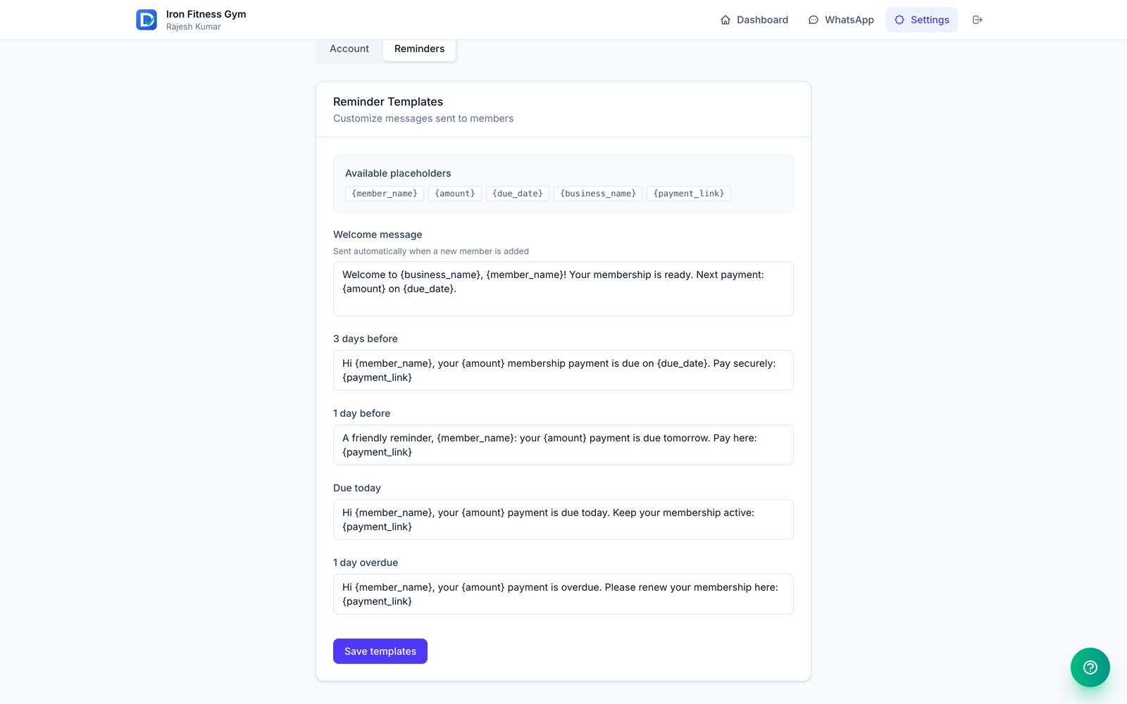 Reminder templates: before, on, and after the due date, with placeholders