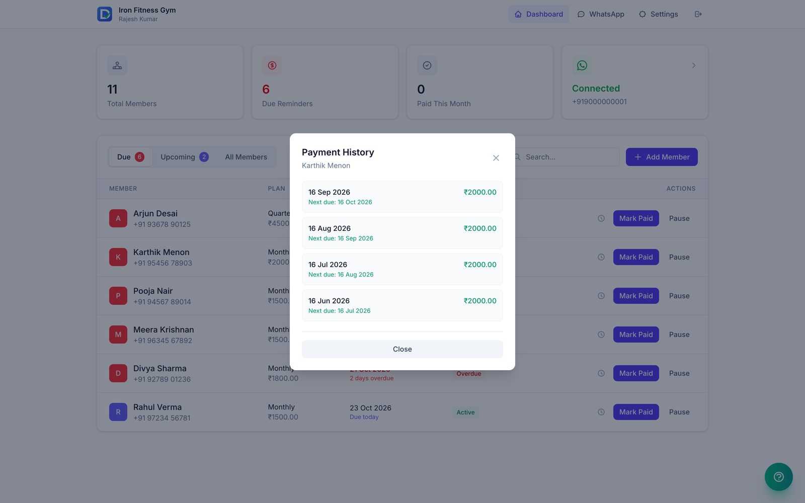 Payment history per member