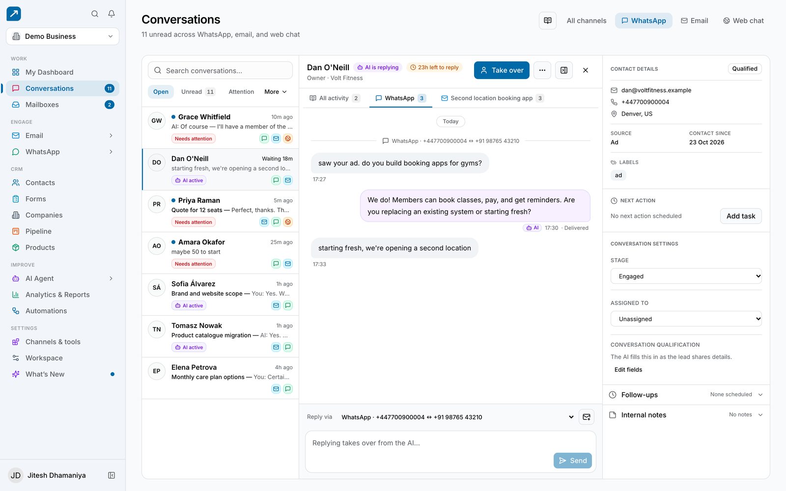 Conversations: WhatsApp, email, and website chat in one inbox, with the AI agent handing over