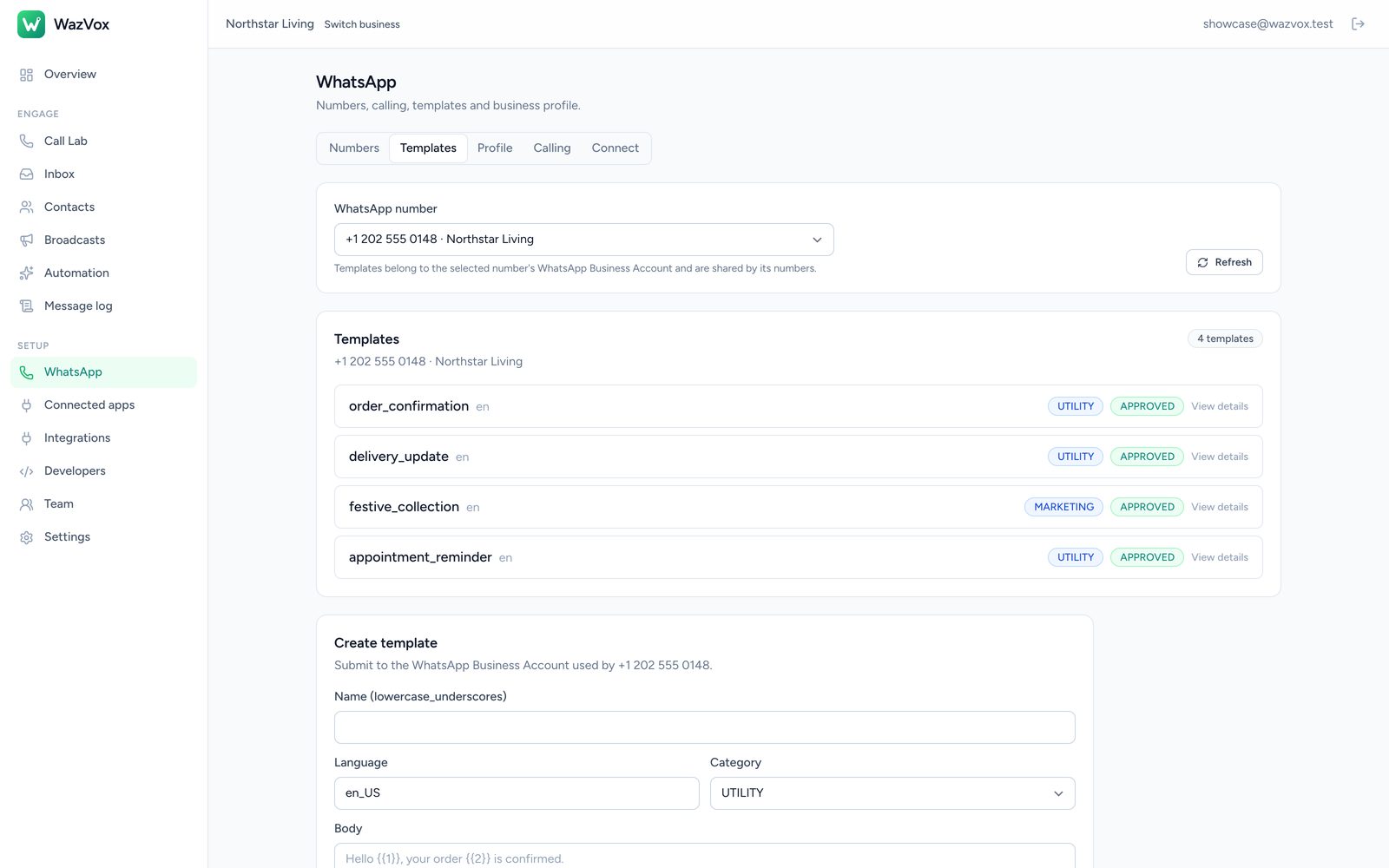 Templates: managed and submitted for WhatsApp approval from the console