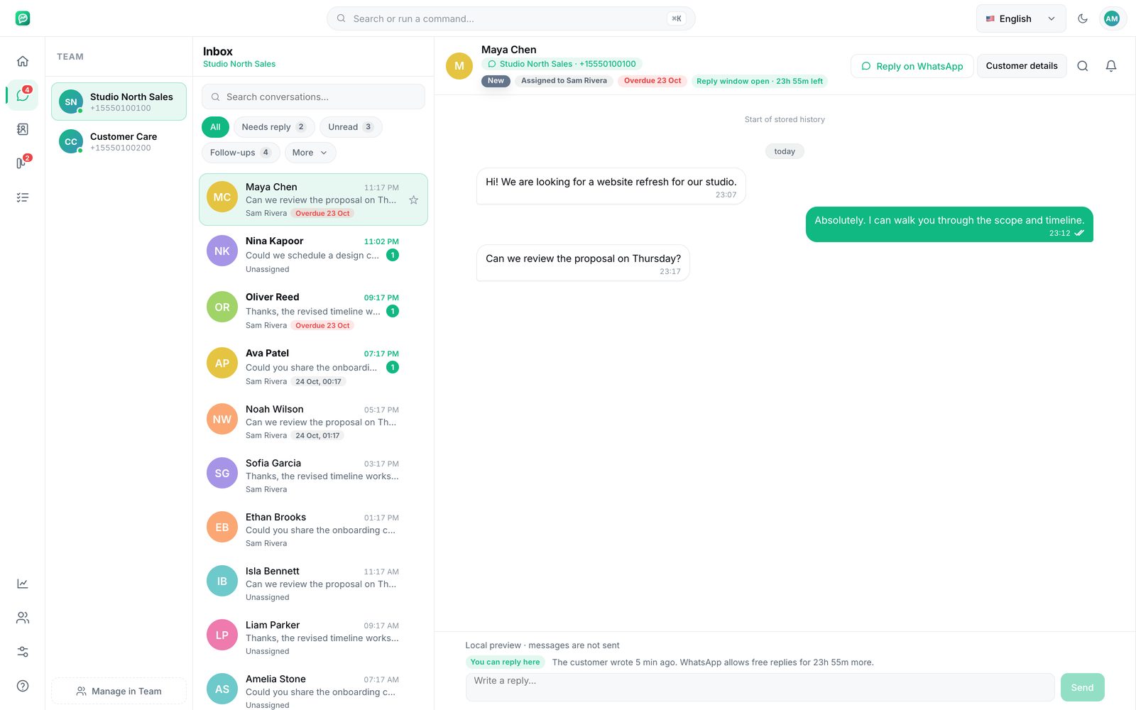 Shared inbox on the official API, with the reply window visible